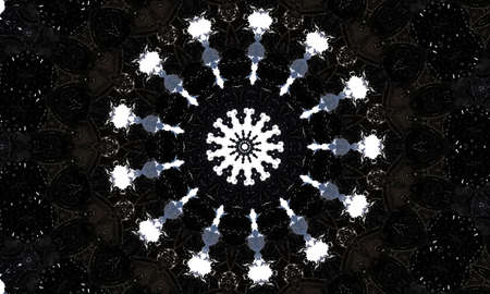 Noir kaleidoscope. Black and white seamless pattern. Can be used for coloring book page design, anti stress hobby for adult. Noir theme, black and white illustration. Vertical image.の写真素材