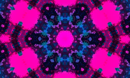 Neon glowing pink kaleidoscope with reflection on blue background.の写真素材