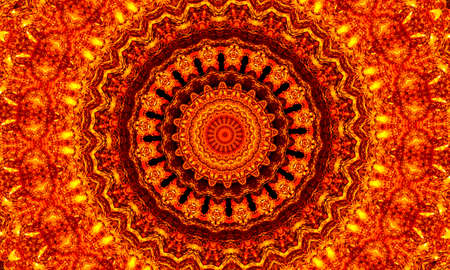 Orange rays stars on black retro textured pattern 70s. Abstract unique kaleidoscope background. Beautiful kaleidoscope seamless pattern. Seamless kaleidoscope texture.の写真素材