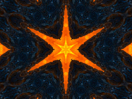 Orange rays stars on black retro textured pattern 70s. Abstract unique kaleidoscope background. Beautiful kaleidoscope seamless pattern. Seamless kaleidoscope textureの写真素材
