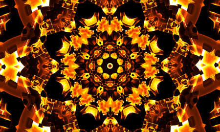 Orange, sun, sunflower kaleidoscope, beautiful geometric pattern, good for wallpaper, backdrop, web banner, background and design template.の写真素材