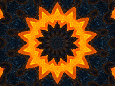 Orange rays stars on black retro textured pattern 70s. Abstract unique kaleidoscope background....