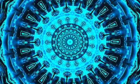 Cyan indigo and black Hypnotic Kaleidoscope Background.の写真素材
