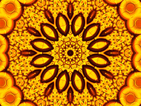 Sun flower kaleidoscope background. Beautiful yellow sunflowers seamless pattern. Unique kaleidoscope mosaic texture. Summer time flowers themeの写真素材