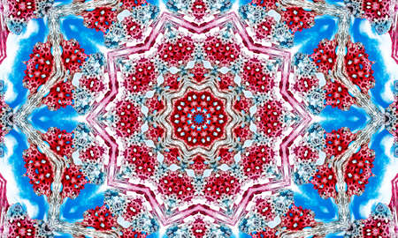 Snowflakes on blue sky background, christmas knitting seamless pattern with snowflakes. Knitted red...