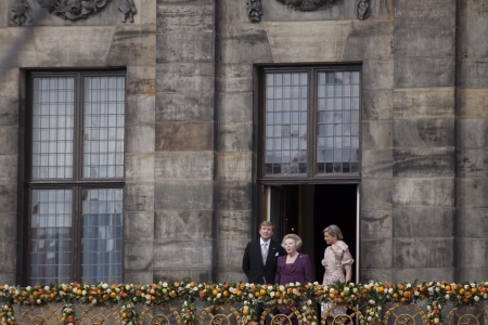 AMSTERDAM - APR 30  King Willem-Alexander, Queen Maxima and Princess Beatrix from the balcony of the palace after the accession of the throne on April 30, 2013 in Amsterdam  のeditorial素材