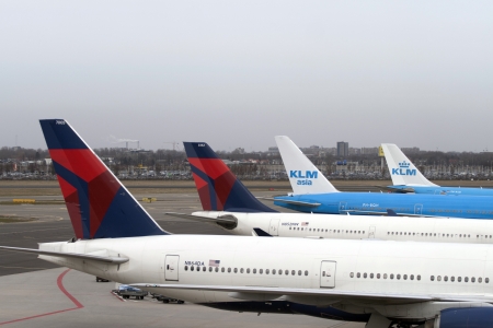 AMSTERDAM,MAART 3  KLM and Delta airline plane at Schiphol Airport March 3, 2013 in Amsterdam,The Netherlands  のeditorial素材