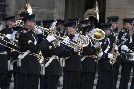 AMSTERDAM - APR 30  Military brass band on the Royal Palace on Dam square, during the inauguration of King Willem-Alexander on April 30, 2013  The Netherlands  のeditorial素材