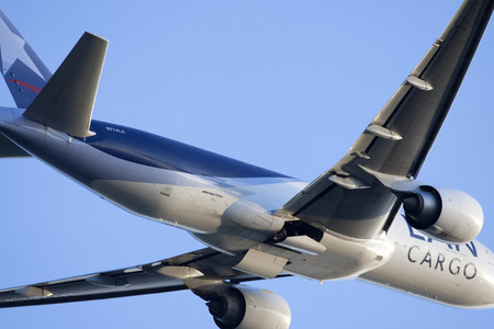 AMSTERDAM, THE NETHERLANDS - March 11, 2015: Closeup photo of a .Boeing 777-300ER from LAN Cargo is...