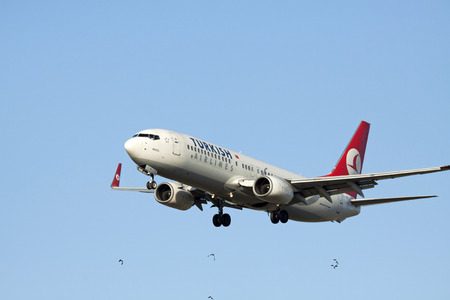 AMSTERDAM, THE NETHERLANDS - DECEMBER 9, 2015: Turkish Airlines Boeing 737, landing at the runway of...
