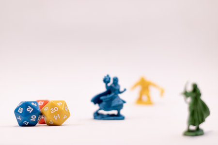 Role play game dice and figures of a mage and a dwarfの写真素材