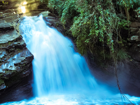 A close up of the most iconic waterfall in the Mae Wang region of the mountains of Chiang Mai, up in the north of Thailandの写真素材