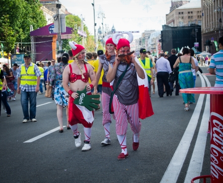 Dannish football fans in the center of Kiev, Ukraine during the european football championship 2012のeditorial素材