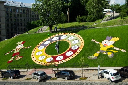 Flower clocks and symbols of Euro 2012 in the center of Kiev, Ukraine during the european football championship 2012のeditorial素材