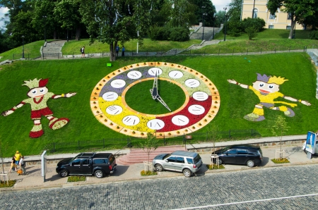 Flower clocks and symbols of Euro 2012 in the center of Kiev, Ukraine during the european football championship 2012のeditorial素材
