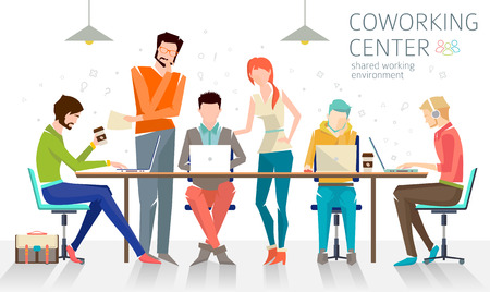 Concept of the coworking center. Business meeting. Shared working environment. People talking and working  at the computers in the open space office. Flat design style.