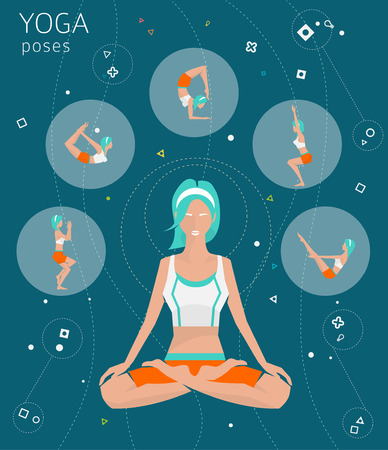 Concept of healthy lifestyle / young woman practices yoga / yoga meditation / set of poses / Padmasana / Lotus pose / vector illustration / flat styleのイラスト素材