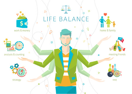 Concept of work and life balance / dividing of human energy between important life spheres / Vector illustration.のイラスト素材