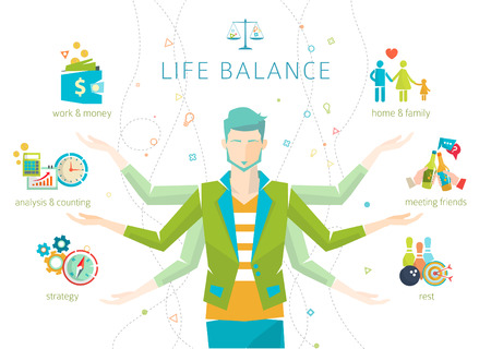 Concept of work and life balance / dividing of human energy between important life spheres / Vector illustration.