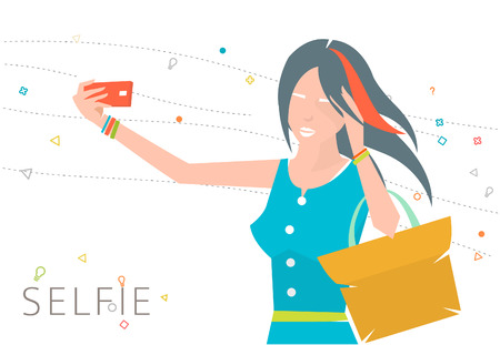 Concept of taking selfie photo on smart phone  / young woman is making photo /  vector illustrationのイラスト素材