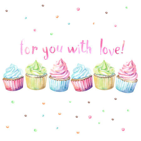 Sweet delicious watercolor cupcakes with typography. Wish card. For you with love.のイラスト素材