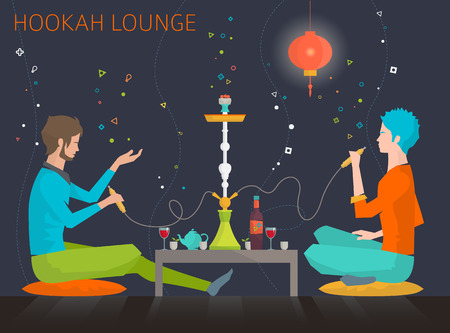 Young people are sitting around table in hookah lounge and telling stories. Weekend and recreation. Flat vector illustration.のイラスト素材