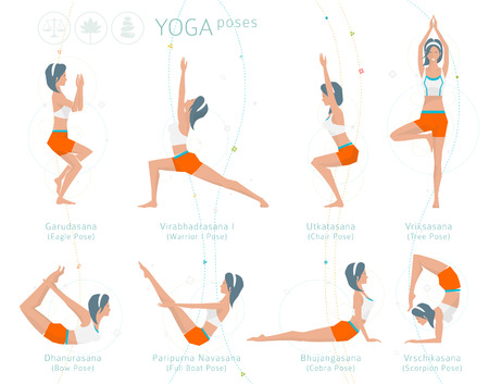 Concept of healthy lifestyle / young woman practices yoga / yoga meditation / set of poses / vector illustration / flat styleのイラスト素材