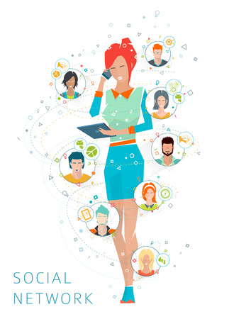 Concept of social media network. Women is a connecting element between people. Long-distance administration and management. Collaboration of different people. Vector illustration.のイラスト素材