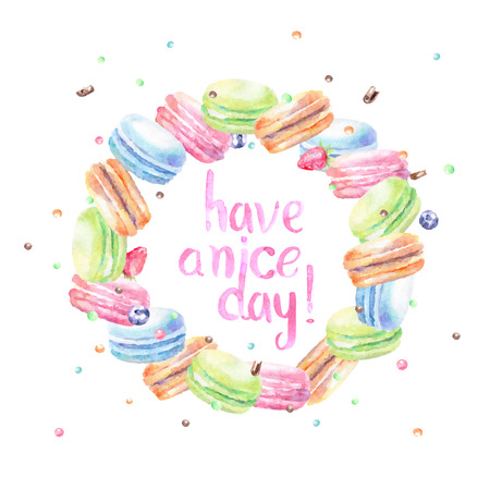 Sweet delicious watercolor macarons with typography. Wish card.Have a nice day.のイラスト素材