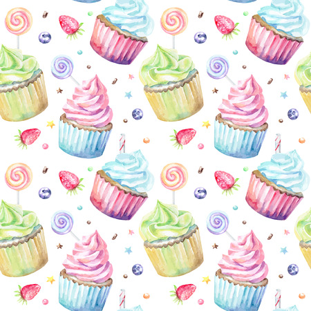 Sweet delicious watercolor pattern with cupcakes. Hand-drawn background. Vector illustration.のイラスト素材
