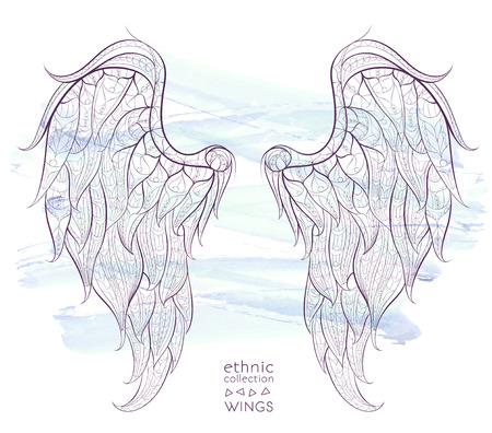 Patterned wings on the grunge background. African / indian / totem / tattoo design. It may be used for design of a t-shirt, bag, postcard, a poster and so on.のイラスト素材
