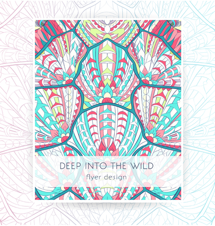 Flyer template with patterned turtle's shell. Tattoo design. It may be used for design of a t-shirt, bag, postcard, a poster, brochure and so on.のイラスト素材