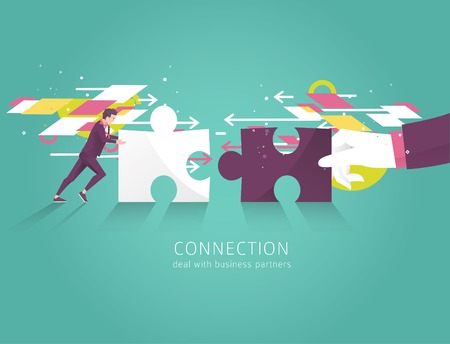 Business concept of solution, partnership, collaboration and support. Businessman and hand combine puzzle pieces. Vector flat illustration.のイラスト素材