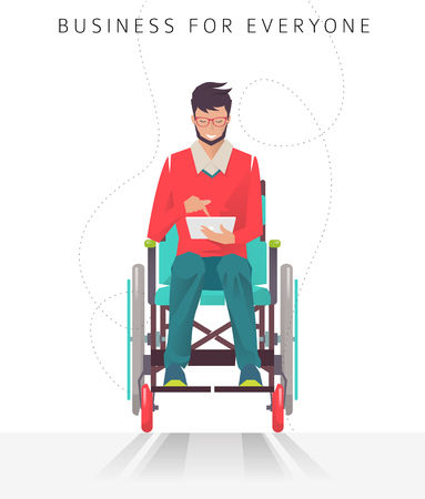 Concept of man with disabilities working with tablet. Communication over the network. Vector flat illustrationのイラスト素材