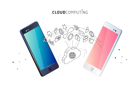 Isometric concept of cloud computing. Cloud network and services. Information exchange between cloud and phones.のイラスト素材
