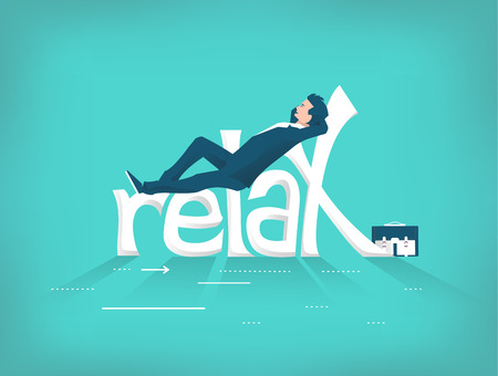 Business concept of relaxing and rest. Businessman laying on the letters.のイラスト素材