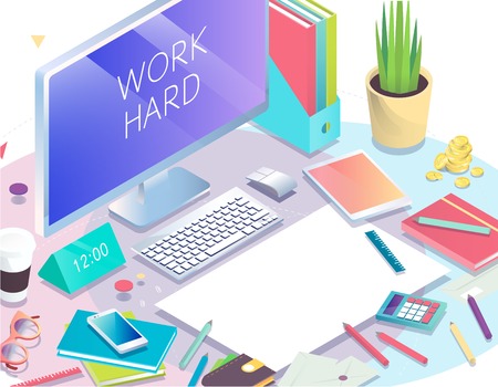 Isometric concept of workplace with computer and office equipment. Mockup with blank sheet.のイラスト素材