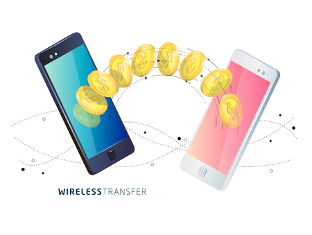 Isometric concept of mobile payment. Money transfer between phones. Wireless technology.のイラスト素材