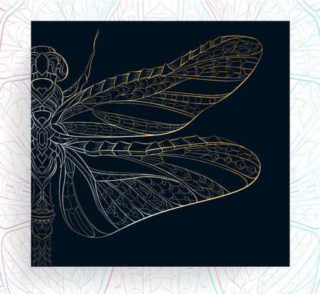 Patterned golden dragonfly. African, indian, totem, tattoo design. It may be used for design of a t-shirt, bag, postcard, a poster and so on.のイラスト素材