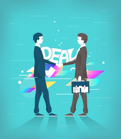 Business concept of deal and partnership. Businessmen handshake. Typography. Geometric elements.のイラスト素材