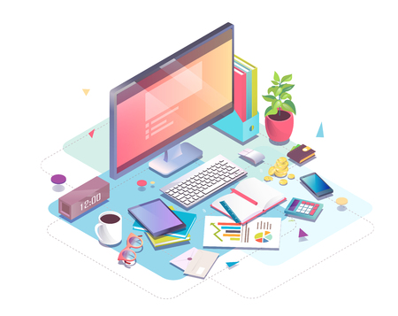 Isometric concept of workplace with computer and office equipment.のイラスト素材