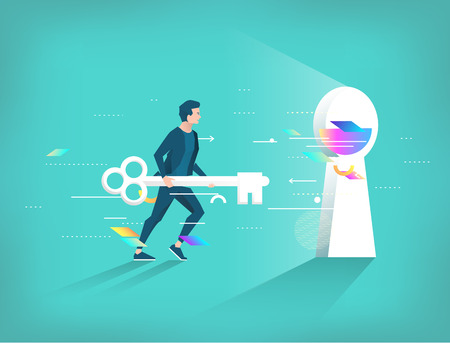Business concept of searching best solution and way. Businessman running with key to keyholeのイラスト素材