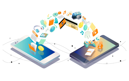 Isometric concept of exchange between  smartphones. Transfer of information,  different applications, on-line services and stationary options. Wireless technology.のイラスト素材