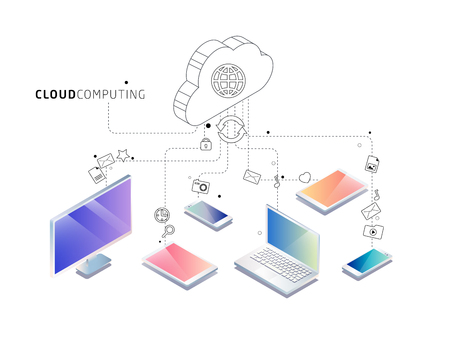 Isometric concept of cloud computing. Cloud network and services. Information exchange between cloud and devices.のイラスト素材