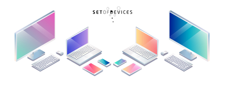 Isometric set of  computer, mobile phone, tablet, laptop.のイラスト素材