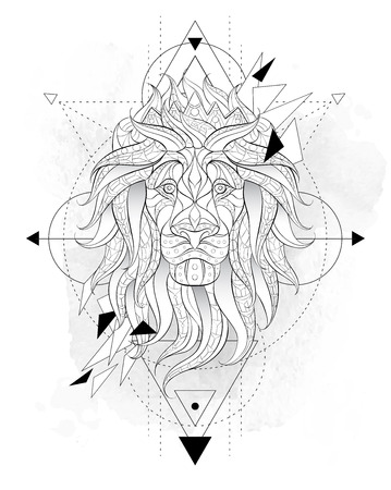Patterned head of the lion with geometry on the grunge background. Leo with crown. African,  indian, totem, tattoo design. It may be used for design of a t-shirt, bag, postcard, a poster and so on.のイラスト素材