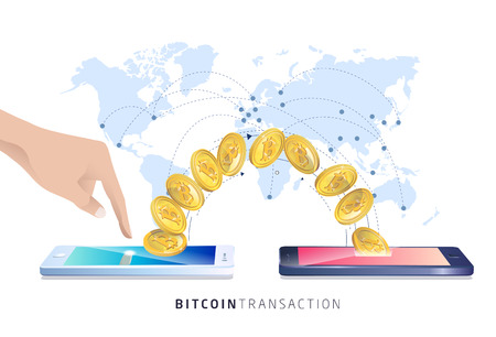 Transaction Bitcoin. Main avec les smartphones. Crypto-monnaie. Illustration isométrique vectorielle.