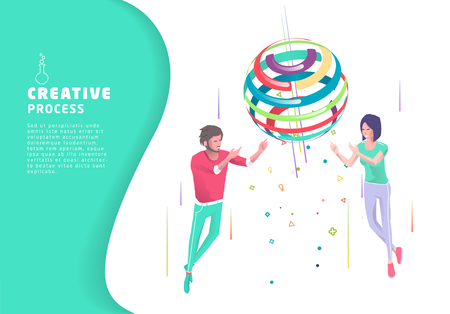 Isometric concept of creative concept. Two people create new ideas with sphere. Business concept. Vector illustration.のイラスト素材
