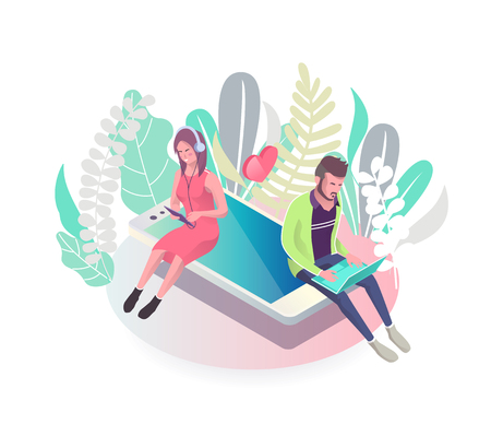 Isometric concept with mobile phone and people. Online dating and virtual communication. Vector illustration.のイラスト素材