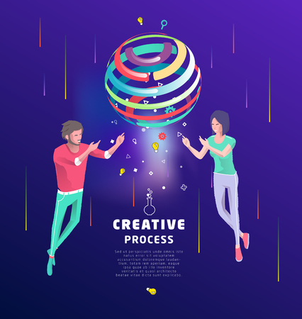 Isometric concept of creative concept. Two people create new ideas with sphere. Business concept. Vector illustration.のイラスト素材